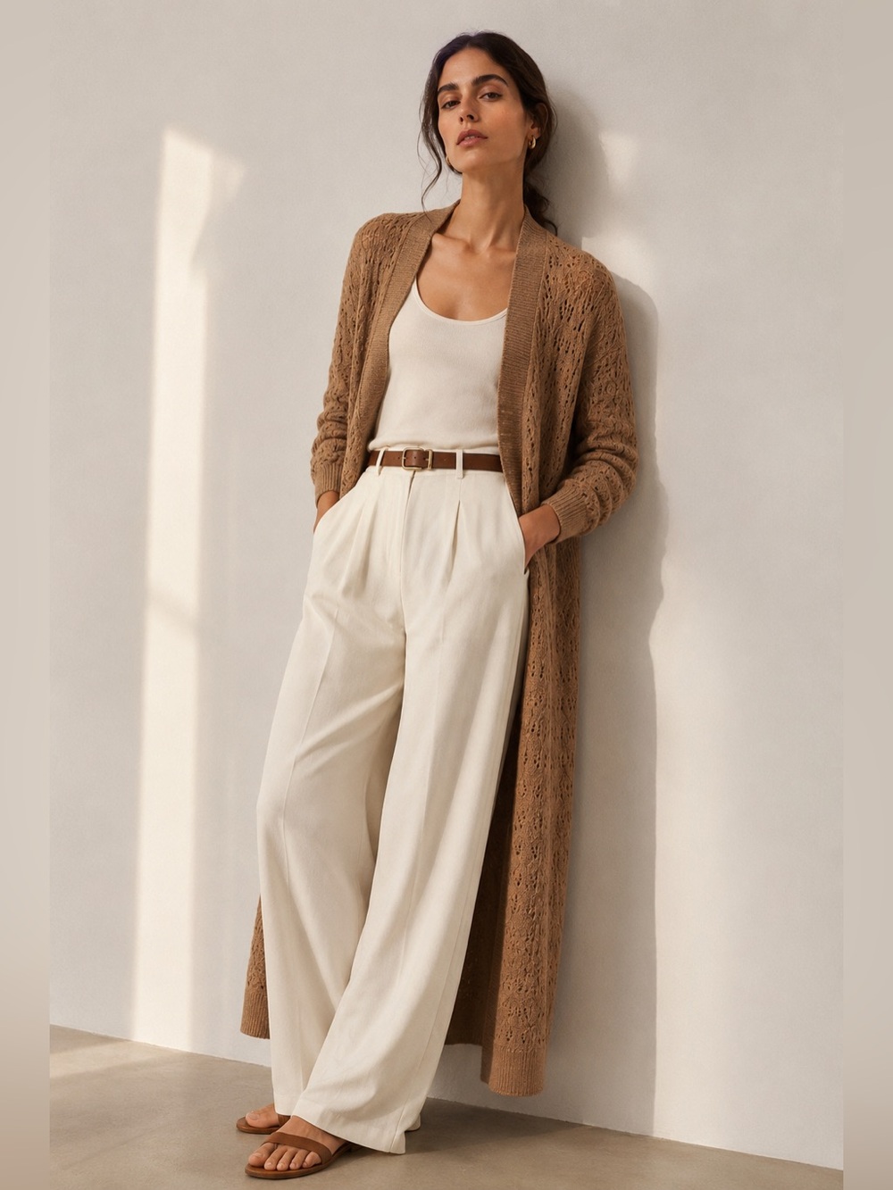 Mango MNG Open Knit Maxi Cardigan Sweater | Camel | Open | Size Medium | NWOT